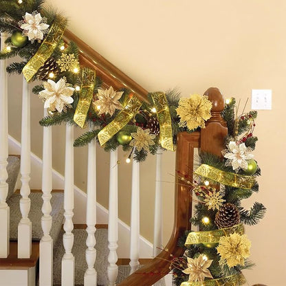 RECUTMS 72 Pcs Poinsettia with Snowflakes & Ribbon, 9 Designs Glitter Gold Artificial Christmas Flowers for Xmas Tree & Wedding Wreath Decor(Gold)
