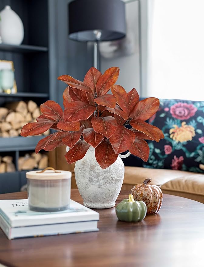 Briful Artificial Magnolia Leaves Stems 3 Pack 22in Orange Fake Magnolia Branches for Vase Fall Leaves Stems for Home Room Arrangements Centerpieces Thanksgiving Décor (Vase Not Included)