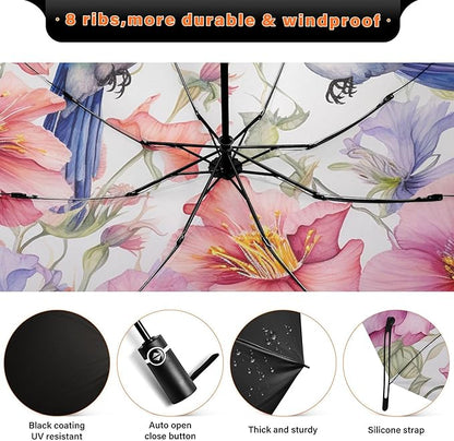 Automatic Folding Umbrella Windproof Strong, UV Protection Compact Floral Hydrangea Hummingbird Sun Rain Sun Rain Travel Umbrellas for Women Men