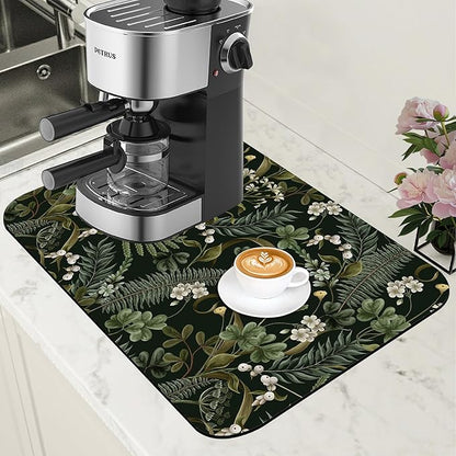 White Flowers and Berries Coffee Mat Fern and Leaves Dish Drying Mat Absorbent Hide Stain Rubber Backed Coffee Bar Accessories Fit Under Espresso Machine Dish Drainer, 11.8 x 19.7 Inch
