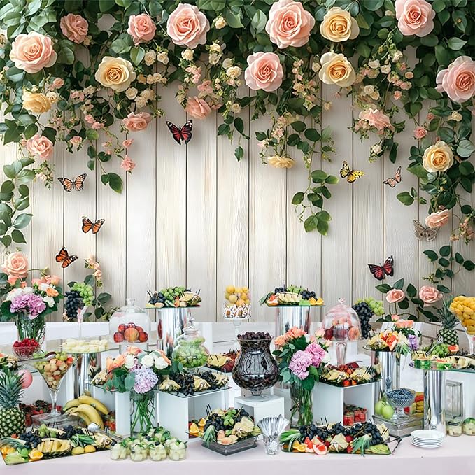 Baocicco 8x6.5ft Wooden Flower Backdrops for Photography Spring Botanical Green Leaves Butterfly Farmhouse Background for Engagement Bridal Shower Baby Shower Birthday Wedding Party Decoration Supplie