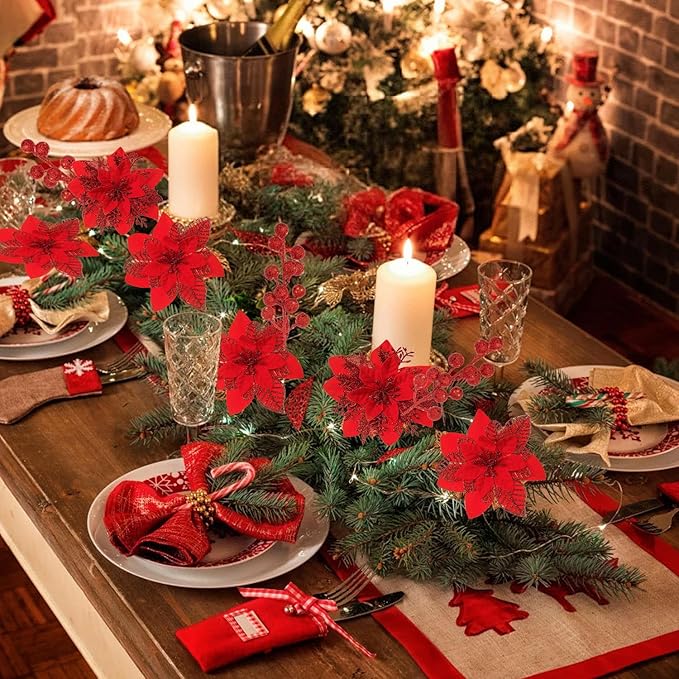 24 Pcs Red Boxed Christmas Poinsettia Flowers Set, 16 Pcs Artificial Poinsettias with Clips, 8 pcs Glitter Christmas Tree Ornaments Berry Stems for Wedding Home Holiday Xmas New Year Decorations