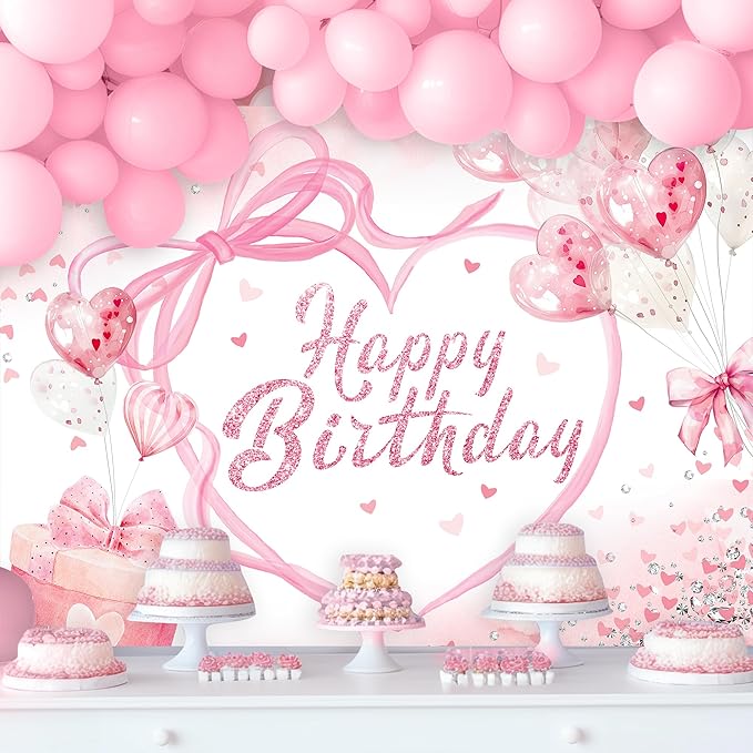 Coquette Happy Birthday Backdrop 5Wx3H Photography Pink Bow Heart Balloons Modern Preppy Diamonds Sweet Princess Background for Girls Teens Party Decorations Banner Photo Booth Props Supplies