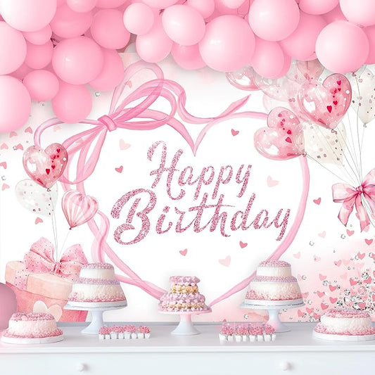 Coquette Happy Birthday Backdrop 5Wx3H Photography Pink Bow Heart Balloons Modern Preppy Diamonds Sweet Princess Background for Girls Teens Party Decorations Banner Photo Booth Props Supplies