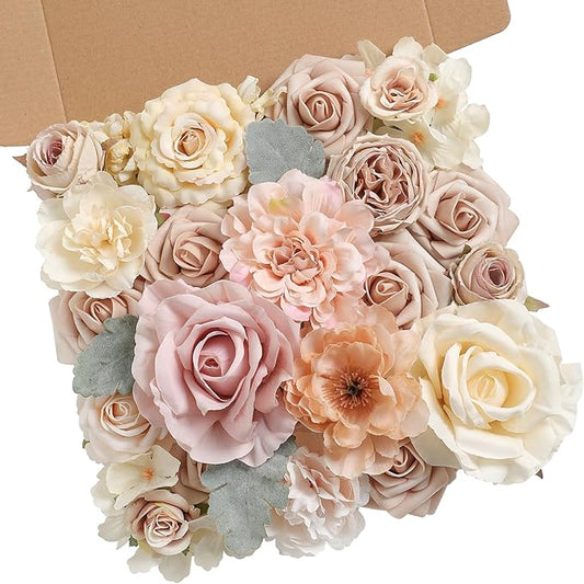 Artificial Flowers Combo Box Set Champagne Fake Roses Silk Flowers with Stems for DIY Wedding Bridal Bouquets,Floral Arrangement,Table Centerpieces,Baby Shower,Home Decorations