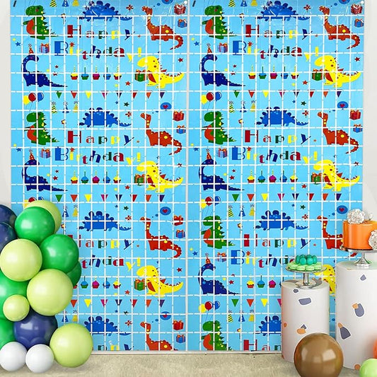 Dinosaur Birthday Party Decorations 2 Pack Dinosaur Foil Fringe Curtains 3.28 x 6.56Ft Tinsel Curtain Backdrop Blue Photo Booth Backdrop Dino Theme Birthday Party Supplies for Kids Boys Girls