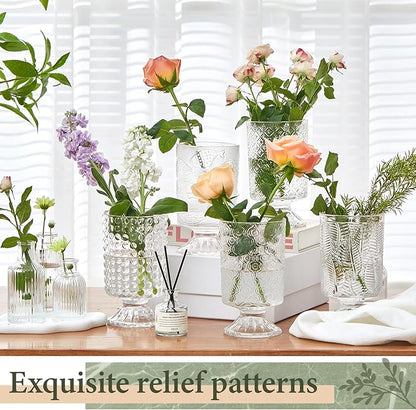 9 Set (H:7 Inch W:4 Inch) Flower Crystal Glass Vases Embossed Pedestal Vases for Centerpieces Hydroponic Glass Transparent Bottle for Home Office Wedding Dining Table Party(Clear)
