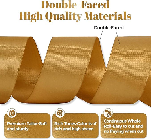 Old Gold Satin Ribbon, Double Faced 1-1/2 Inch X 25 Yards Old Gold Ribbon, Premium Satin Ribbons for Gift Wrapping, Crafts, Hair Bow Making, Sewing, Flower Bouquet, Wedding Party Decor