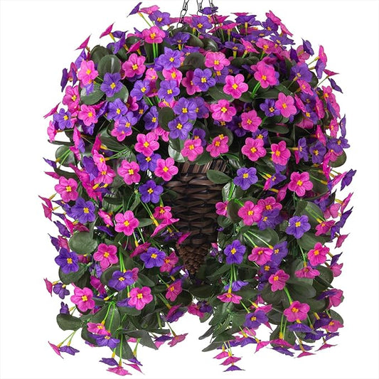 Artificial Fake Hanging Flowers with Basket for Outdoor Decoration,UV Resistant Faux Silk Daisy Flowers Dark Purple and Fuchsia Orchid Vines in Planter Realistic Hanging Baskets for Home Porch Garden