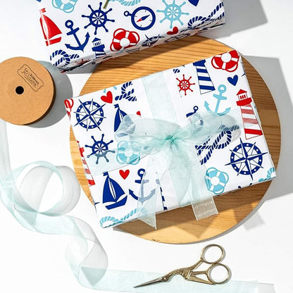 WRAPAHOLIC 30 Inch Nautical Anchors Wrapping Paper Roll - 30 Inch x 33 Feet - Nautical Element Anchor Design Perfect for Birthday, Nautical Beach Decoration, Baby Shower
