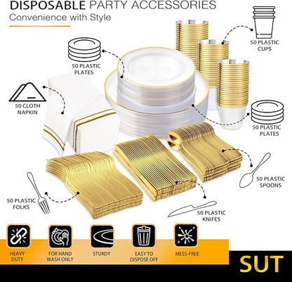 SUT 700Pcs Plastic Dinnerware Set for 100 Guests, Clear and Gold Plastic Plates, Disposable Plates and Napkins Party Supplies, Gold Silverware, Plates, Cups and Napkins Sets for Party Weddings