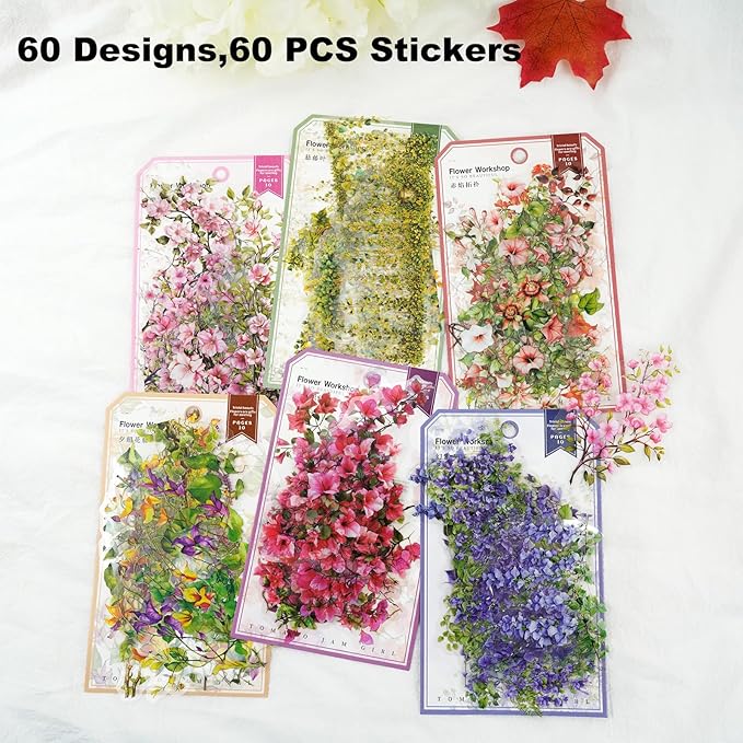 Floral Vine PET Stickers – 60PCS Vintage Botanical Design, Waterproof & Pre-Cut, Large Size for Journals, Junk Journals, Scrapbooking, and Craft