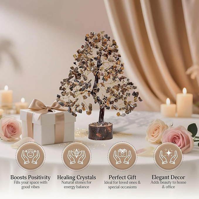 FASHIONZAADI Tiger Eye Crystal Tree, Reiki Gifts - Gemstone Tree - Spiritual Crystal Chakra Decor - Gifts for Women