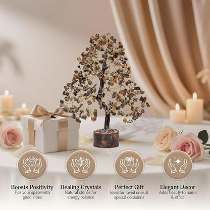 FASHIONZAADI Tiger Eye Crystal Tree, Reiki Gifts - Gemstone Tree - Spiritual Crystal Chakra Decor - Gifts for Women