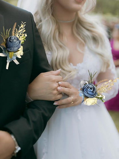 Corsage and Boutonniere Set Corsage Wistlet Dusty Blue Corsage Wrist Artificial Flower Perfert for Proms | Weddings for Bride,Bridesmaids, Groom,Groomsmen Decor (Dusty Blue)