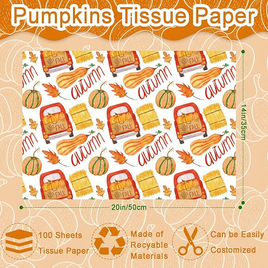 100 Sheets Fall Tissue Paper Bulk, Pumpkins Maple Leaves Truck Hay Pattern Wrapping Paper for Fall Autumn DIY Crafts Thanksgiving Day Gift Bag Fillers Party Supplies, 13.8 x 19.7 Inch