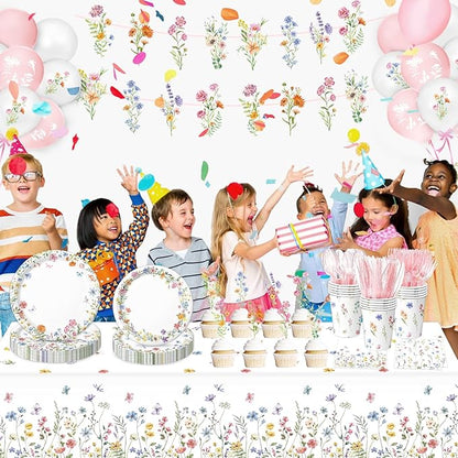175 PCS Spring Wildflower Party Decorations include Plates, Cups, Napkins, Cutlery, Cake Toppers, Banner, Tablecloth, Balloons for Floral Baby Shower Birthday Decorations, Serves 20
