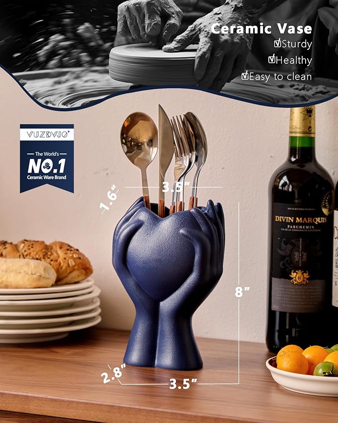 8" Heart Hand Navy Blue Ceramic Vase - Unique Modern Aesthetic Flowers Vase for Living Room Bedroom Office Kitchen Table Centerpiece or Shelf Decor-Gifts for Wedding Bridal Shower Women Mom (Blue)