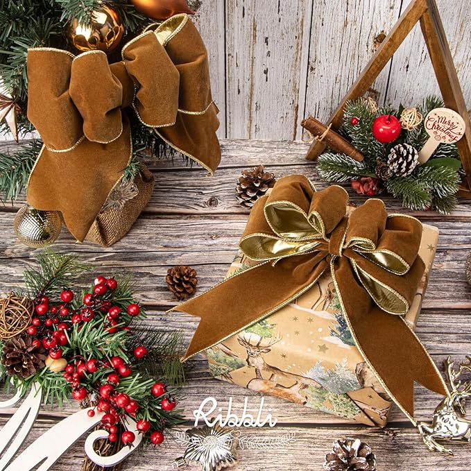 Ribbli Khaki Velvet Wired Ribbon 2.5 Inch Luxury Matte Velvet Christmas Ribbon for Gift Wrapping Christmas Tree Decoration Crafts Wreaths Supplies - 10 Yards