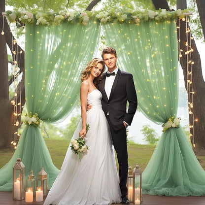 30x10ft Olive Green Tulle Backdrop Curtain with Lights String for Parites, Sheer Backdrop Curtains for Wedding Baby Shower Birthday Party Photo Shoot Decorations