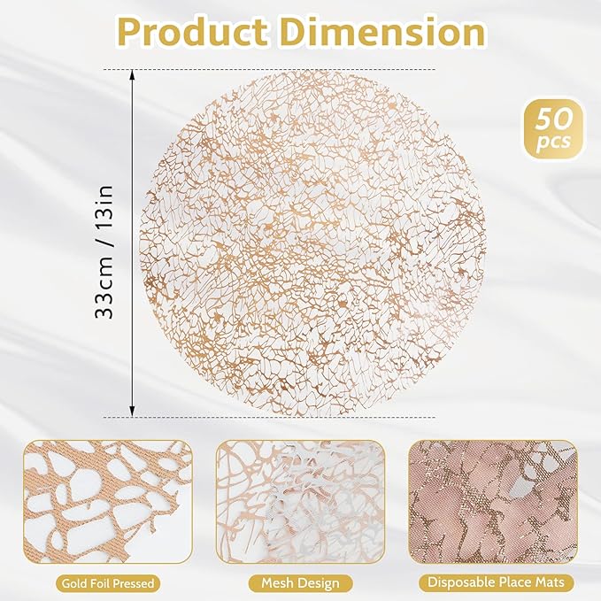 Hysenm 50 Pcs Disposable Champagne Placemats Set Metallic 13 Inch Round Table Doilies, Ultra-Thin Messy Lines Disposable Placement Mats for Home Decoration Dining Table Wedding Birthday Party