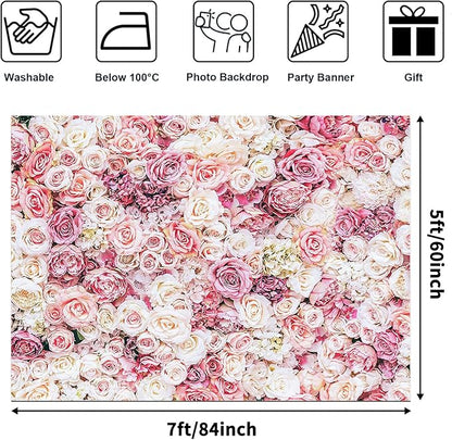 Avezano Floral Backdrop for Party Photoshoot Pink Rose Flowers Wedding Birthday Valentine's Day Bridal Shower Simulation Printing Flower Wall Decorations Photography Background for Picture (7x5ft)