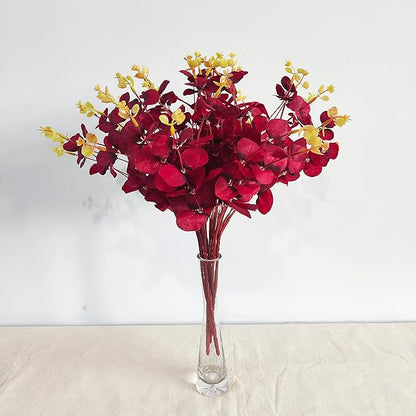19" Faux Flowers Artificial Silk Silver Dollar Eucalyptus Stems Fake Plant for Vase Home Wedding Decor 3 Pcs (Dark Red)