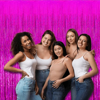 4 Pack Fuchsia Tinsel Foil Fringe Curtain Backdrop, 3.28Ft x 8.2Ft Metallic Streamers for Photo Booth Props Wedding Bridal Shower Bachelorette Birthday Halloween Christmas Party Decoration