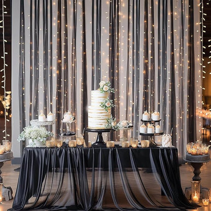 30ft x 10ft Black Backdrop Curtain with Lights String for Parties, Sheer Tulle Wedding Photo Backdrops Drapes for Baby Shower Birthday Party Decorations Background for Photography