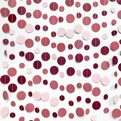 Burgundy Dusty Pink Decorations Circle Dot Garland Maroon Pink Hanging Polka Dot Streamer Banner for Wedding Birthday Bridal Shower Engagement Baby Shower Graduation Anniversary Garnet Party Supplies