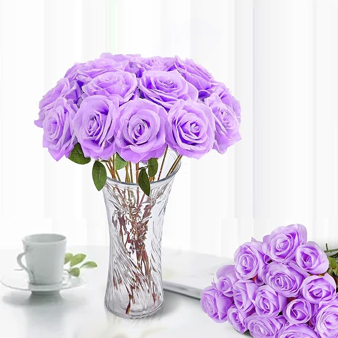 50PCS Artificial Roses with Long Stems - Realistic Silk Flowers, Fake Roses Real Touch Bouquet of Roses for Home Decor, Bridal Wedding Party Table Centerpieces, Bulk Faux Rose Flowers ( Purple )