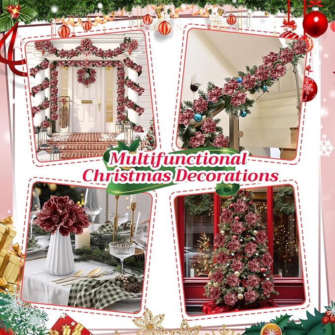20 Pcs Christmas Glitter Poinsettia Magnolia Flowers Ornaments Large Heads Artificial Magnolia Flowers for Christmas Tree Xmas Wreath Holiday Wedding Decor(Rose Gold)