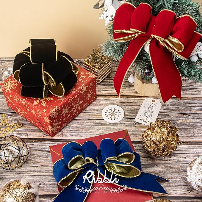 Ribbli Black Velvet Wired Ribbon 2.5 Inch Luxury Matte Velvet Christmas Ribbon for Gift Wrapping Christmas Tree Decoration Crafts Wreaths Supplies - 10 Yards
