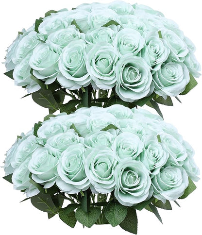 52pcs Sage Green Roses Artificial Flowers Sage Green Fake Flowers Silk Roses with Stems for DIY Wedding Bouquets Bridal Shower Centerpieces Arrangements Party Decorations