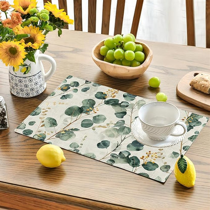 Leaves Placemats Set of 6 Eucalyptus Seasonal Watercolor Plants Table Mats Washable Place Mats for Home Party Indoor Kitchen Dining Table Decoration 12x18 Inch