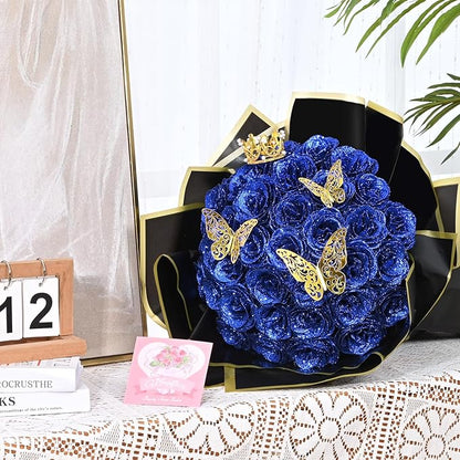 Waipfaru Glitter Roses Bouquet, DIY Fake Flowers Bouquet, Birthday Gifts for Women Mom, 36 Pcs Blue Rose for Grandma Wife Girlfriend Valentines, Mothers Day, Anniversary, Graduation