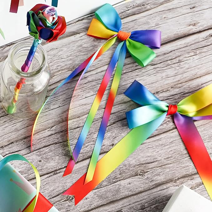 MEEDEE Rainbow Ribbon 3/8 inch Rainbow Thin Ribbon Color Satin Ribbons for Crafts Gift Ribbons for Gift Wrapping Birthday Party Pride Party Wedding Decorating - 50 Yards