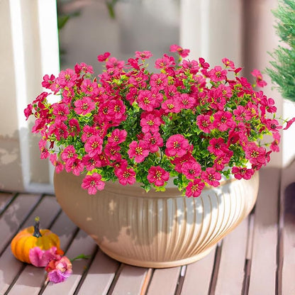 16 Bundles Artificial Flowers Outdoor Spring Summer Decoration Fake Silk Colorful Daisy Eucalyptus Realistic UV Resistant Outside Faux Plants for Garden Porch Window Box Home Decor (Rose Red)