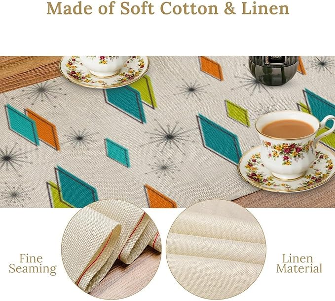 Mid Century Table Runner, Modern Atomic Pattern Absctract Geometric Retro Dinner Runner for Home Kitchen Dining Table Decoration, 13x108 Inch