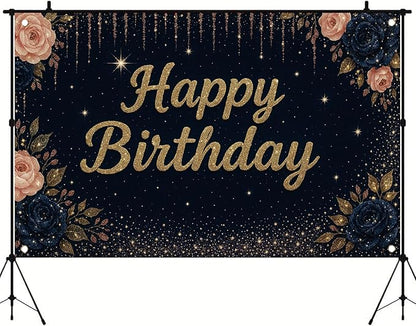 Happy Birthday Backdrop Banner Navy Blue Gold Glitter Rose Floral Birthday Party Decorations Photography Background Wedding Baby Shower Decor Booth Studio Props Supplies 71 x 43 Inch