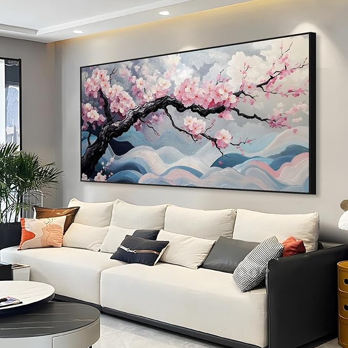 Japanese Cherry Blossom Canvas Wall Art, Sakura Tree Canvas Print, Pink Floral Pictures, Cherry Blossom Tree Wall Art, Flower Branch Decor, Nature Prints for Living Room (Gold Framed, 31"x15" | 80x40cm)