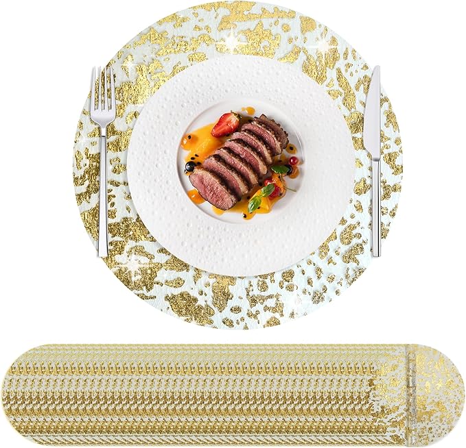 Hysenm 50 Pcs Disposable Gold Placemats Set Metallic 13 Inch Round Foil Mesh Pressed Table Doilies, Ultra-Thin Disposable Placement Mats for Home Decoration Dining Table Wedding Birthday Party