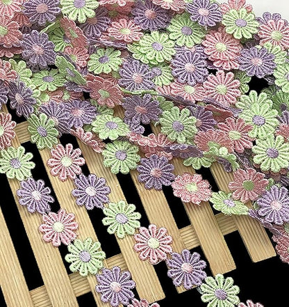 15 Yards Daisy Flower Lace Trim Embroidered Floral Lace Sewing Trim Ribbons for Embellishment Craft Dress Hair Accessories Decorations (Pink+Lavender+Light Green, 1" x 15 Yards)