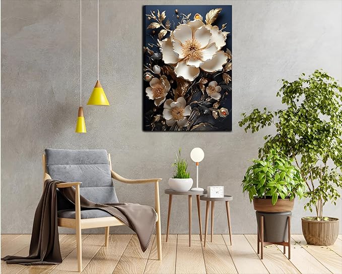 3D Abstract Flower Canvas Wall Art White Floral Texture Poster Prints Serene Blossoms Wall decor pictures for Bedroom and Bathroom Home Decorations Framed(16inx24in Canvas)