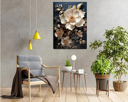 3D Abstract Flower Canvas Wall Art White Floral Texture Poster Prints Serene Blossoms Wall decor pictures for Bedroom and Bathroom Home Decorations Framed(16inx24in Canvas)