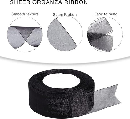 1.5 inch Sheer Organza Ribbon Black Chiffon Ribbon for Gift Wrapping Christmas Halloween Decoration Wedding Bouquet Crafts 50 Yards