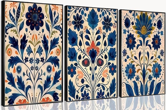 3 Pcs Blue Boho Flower Canvas Wall Art, Floral Painting Poster Wall Decor,Wildflower Botanical Picture for Wall Living Room Bathroom Bedroom Home Decoration 16 * 24 in (Poster no Framed)