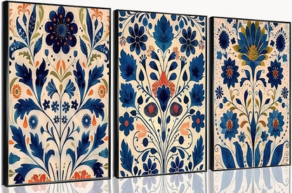 3 Pcs Blue Boho Flower Canvas Wall Art, Floral Painting Poster Wall Decor,Wildflower Botanical Picture for Wall Living Room Bathroom Bedroom Home Decoration 12 * 16 in (Poster no Framed)