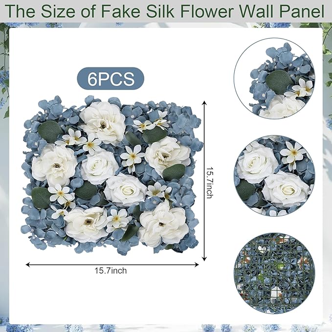 Pack of 6 Artificial Silk Flower Panels, Faux Floral Wall Background for Wedding Party Engagement Bridal Shower Arrangement Home Decorations - Dusty Blue & White