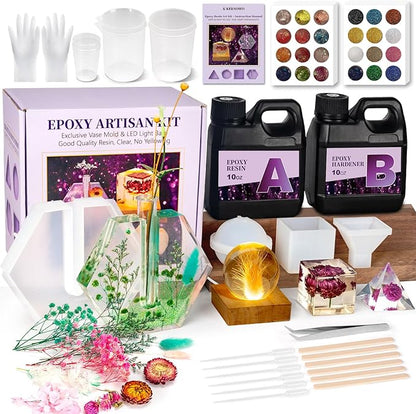K KERNOWO Epoxy Resin Kit with Light for Beginners, Resin Kit and Molds Complete Set DIY Crafts for Adults Women, Epoxy Set with Vase Mold, 3D Dried Flowers, Measuring Cups and Resins Supplies-20OZ
